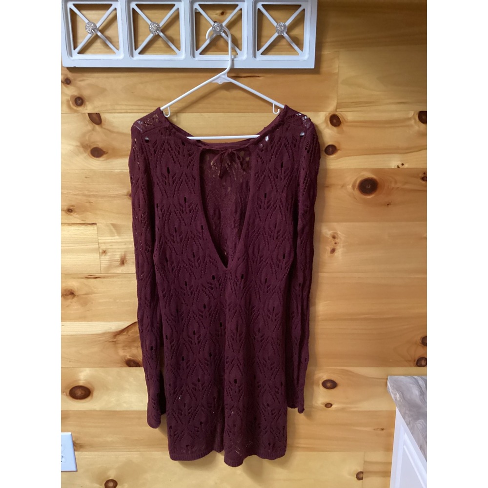 Grace & Lace Burgundy Pointelle Knit Open Back Tie Tunic Sweater Womens Small